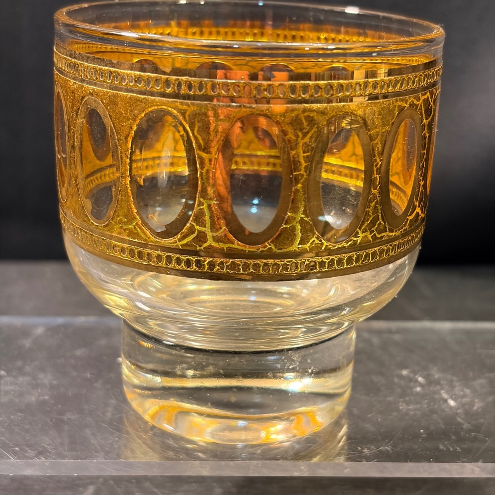 Vintage Culver Prado 22k Gold Green Crackle Rocks Glass Lowball Tumbler MCM